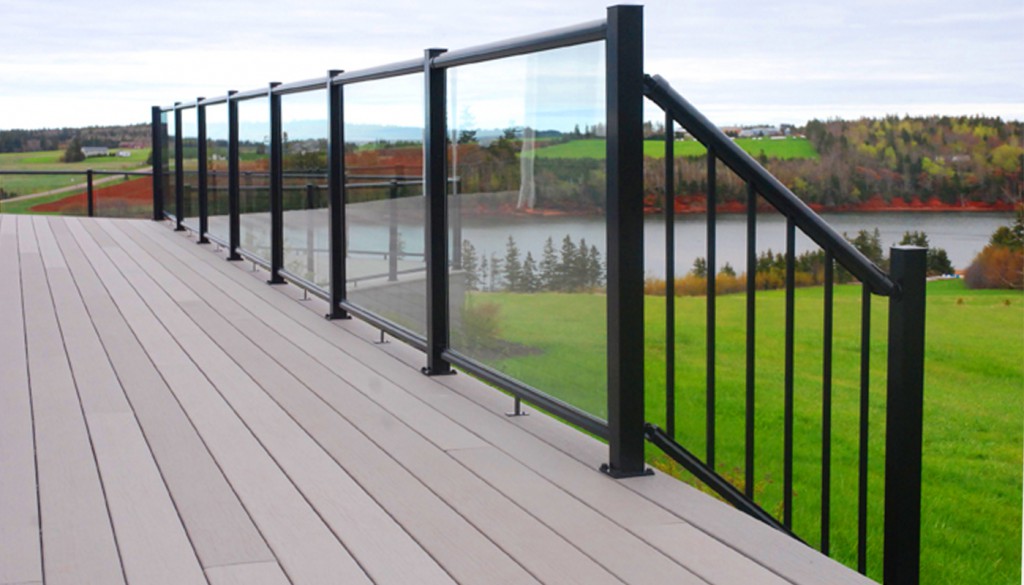 Century Aluminum Glass Railings with surface mounted aluminum balusters and 5mm glass panels