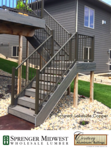 Homeowner Project  Style Used: Picket Railings Color: Lakeside Copper Location: Sioux Falls, SD.Matt used Century Aluminum Railings on his Ranch-style walkout single-family home located on the Southeast side of Sioux Falls.   For Matt and his wife, the #1 reason they chose Century Aluminum Railings was low maintenance.   Since South Dakota is known for harsh winters and hot, humid summers, they were looking for a railing that would hold up year after year without maintenance. That’s why their contractor recommended the picket-style railings from Century Aluminum Railings.   The railing installation took a matter of hours with the contractor noting how easy the installation process was and helped them save time on the jobsite. Contributor: Sprenger Midwest  