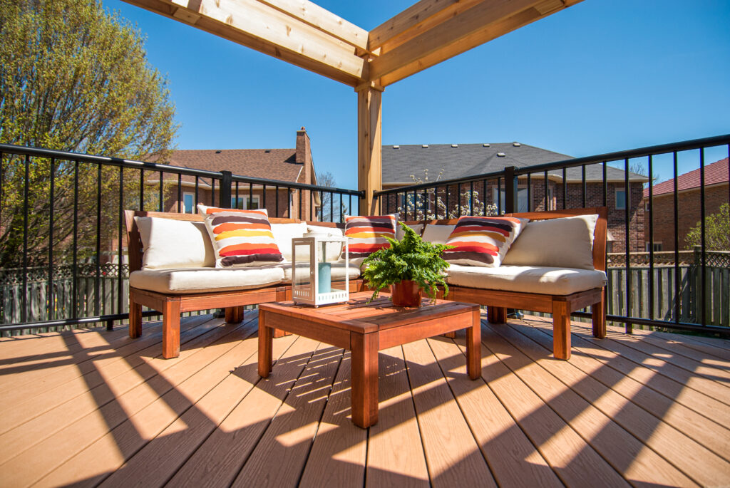 Picket deck railing kit installed in a patio